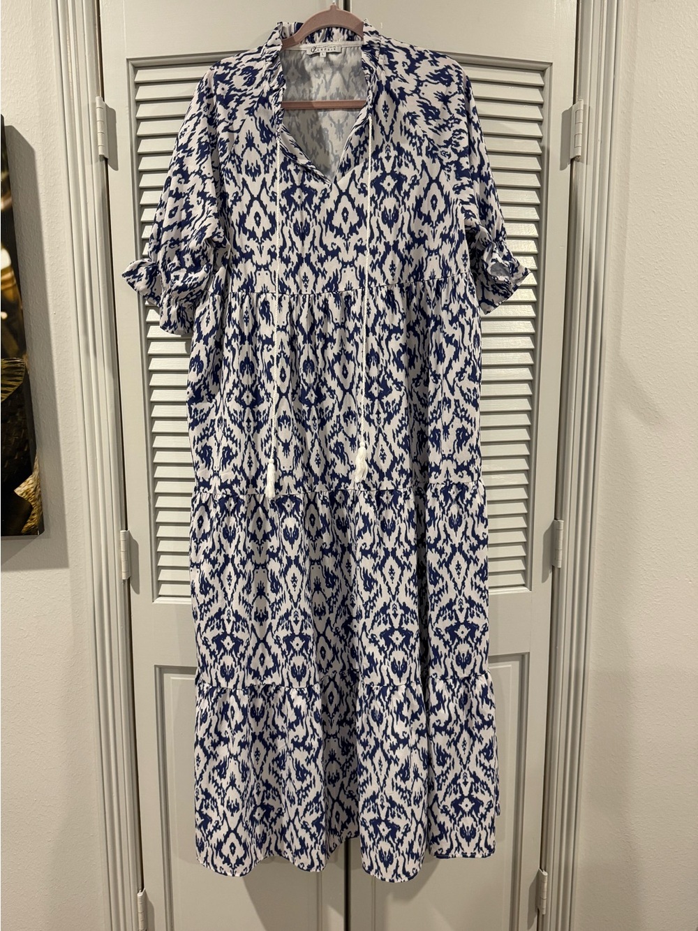 Blue and White Puff Sleeve Tiered Ikat Maxi Dress